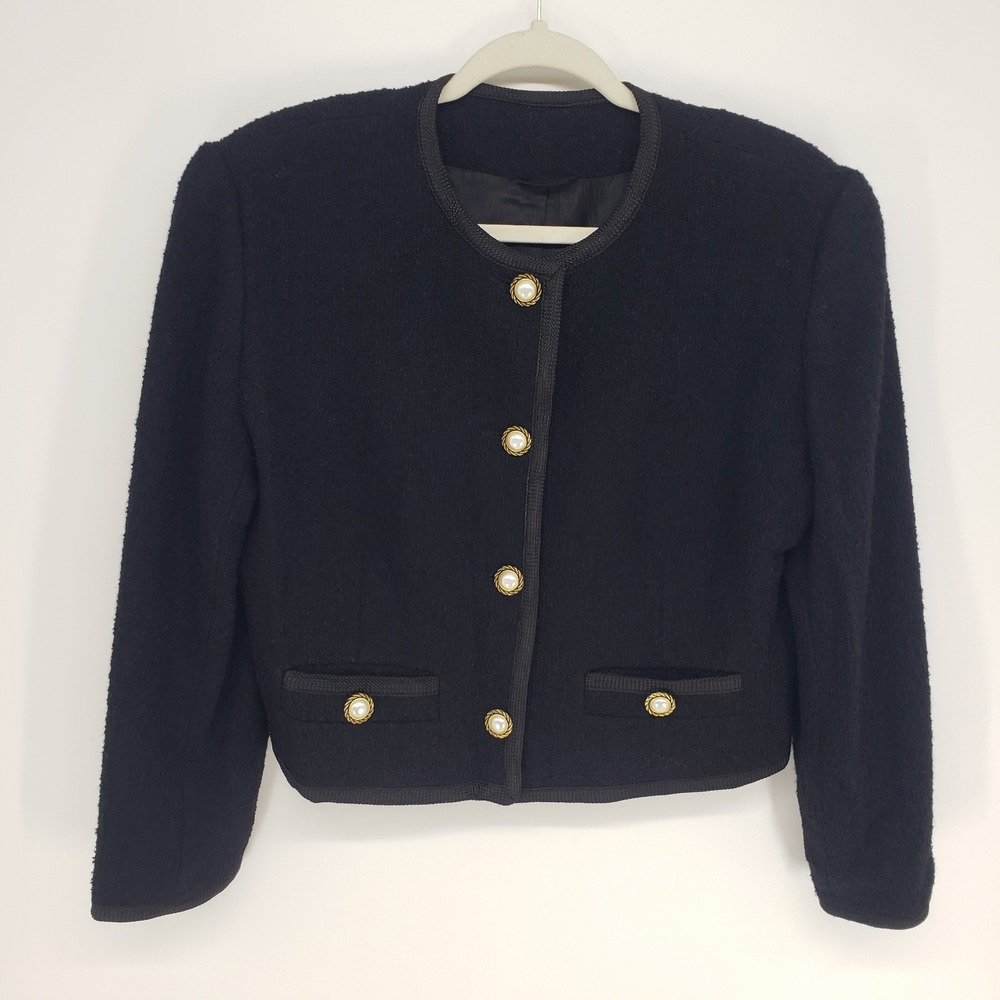 Vintage 90s Jos A Bank Boucle Wool Tweed Jacket Womens Sz 10 Black Pearl Buttons